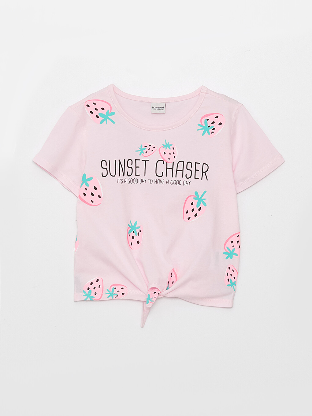 K.Kページ LCW Kids Pembe Bisiklet Yaka Baskılı Kısa Kollu Kız Çocuk Crop