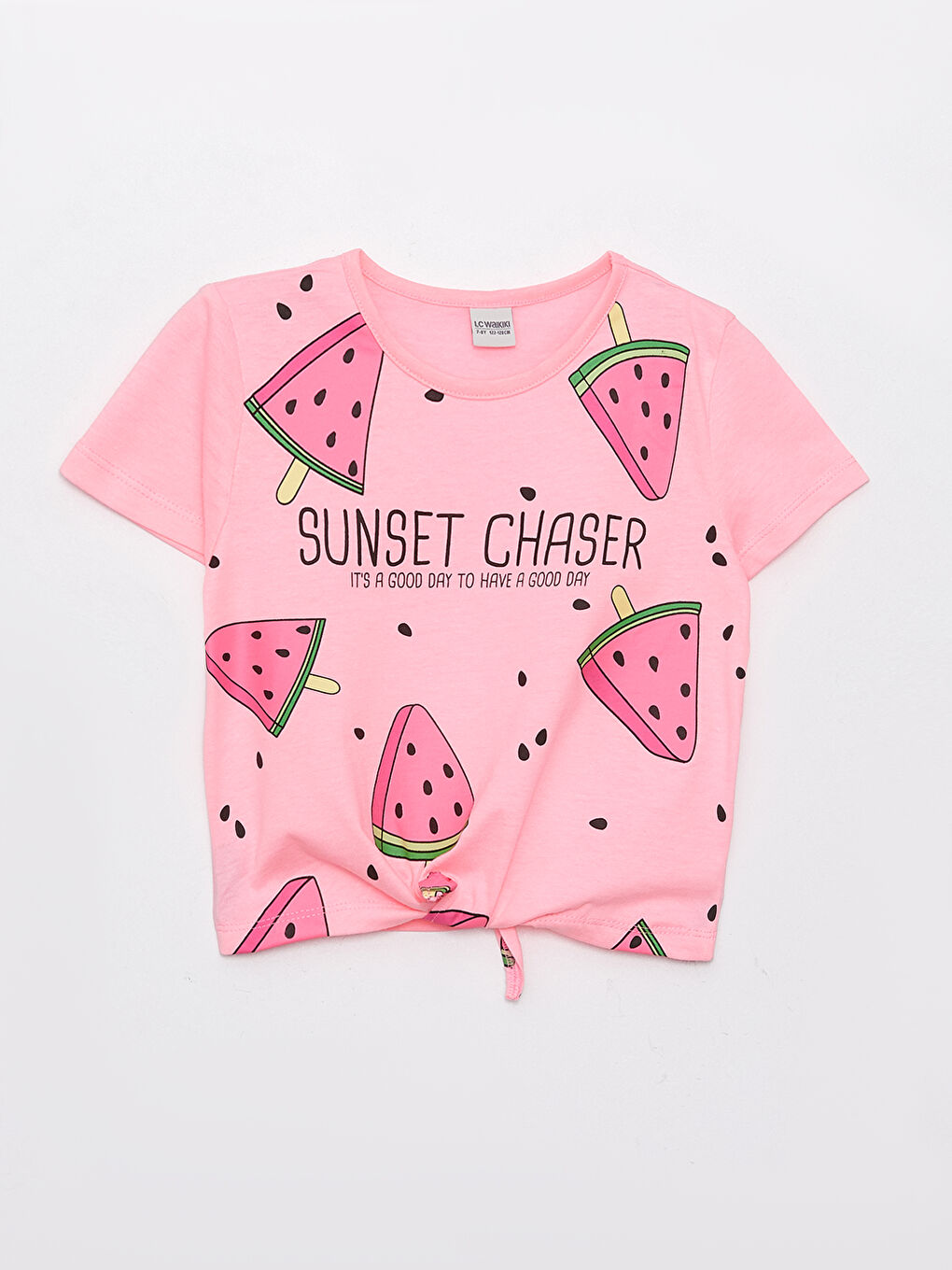 მრგვალი საყელო ნაბეჭდი მოკლე სახელო გოგონებისთვის ქროფ ტოპ მაისური