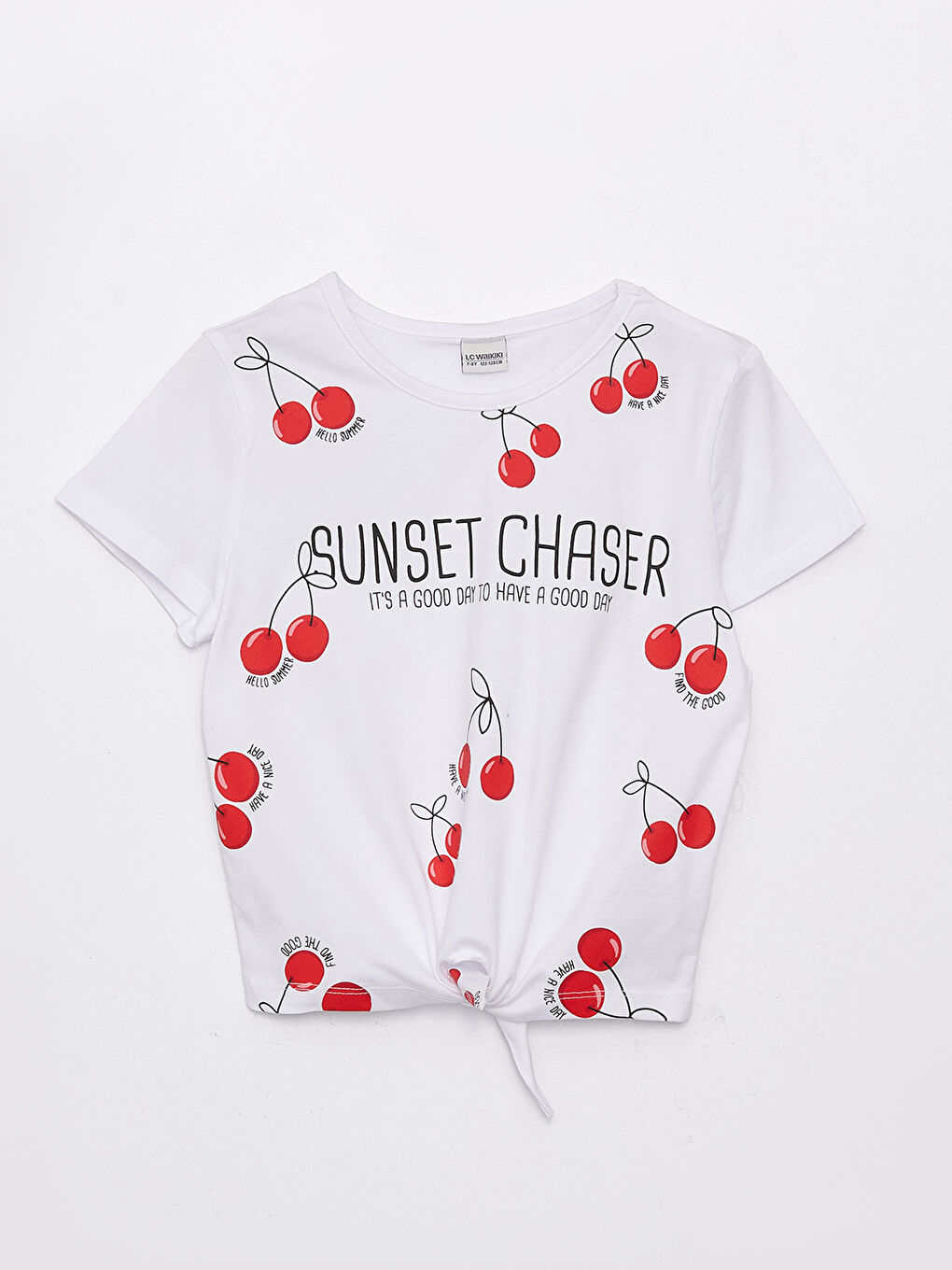 Beyaz Bisiklet Yaka Baskılı Kısa Kollu Kız Çocuk Crop Tişört