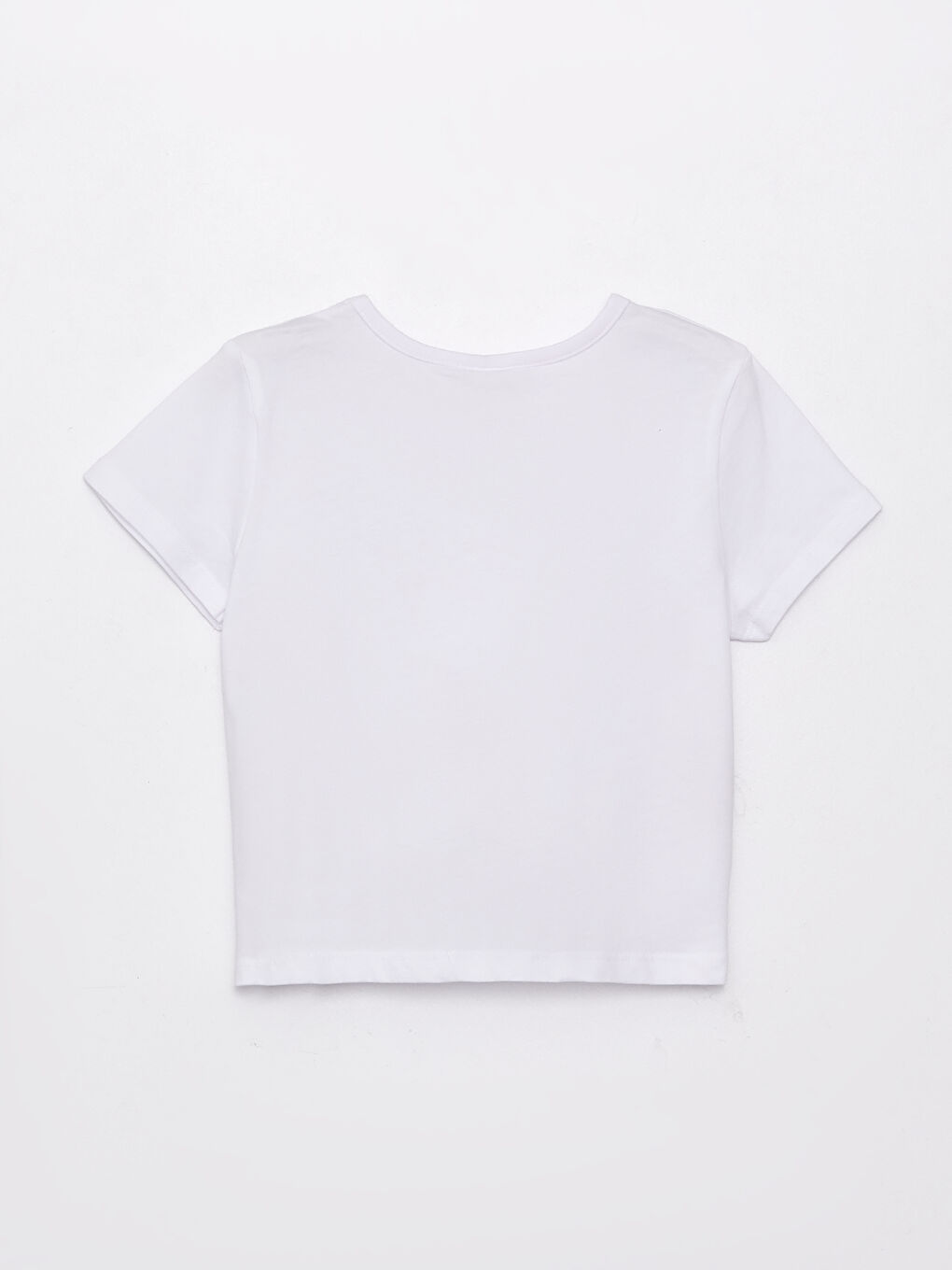 Beyaz Bisiklet Yaka Baskılı Kısa Kollu Kız Çocuk Crop Tişört-1