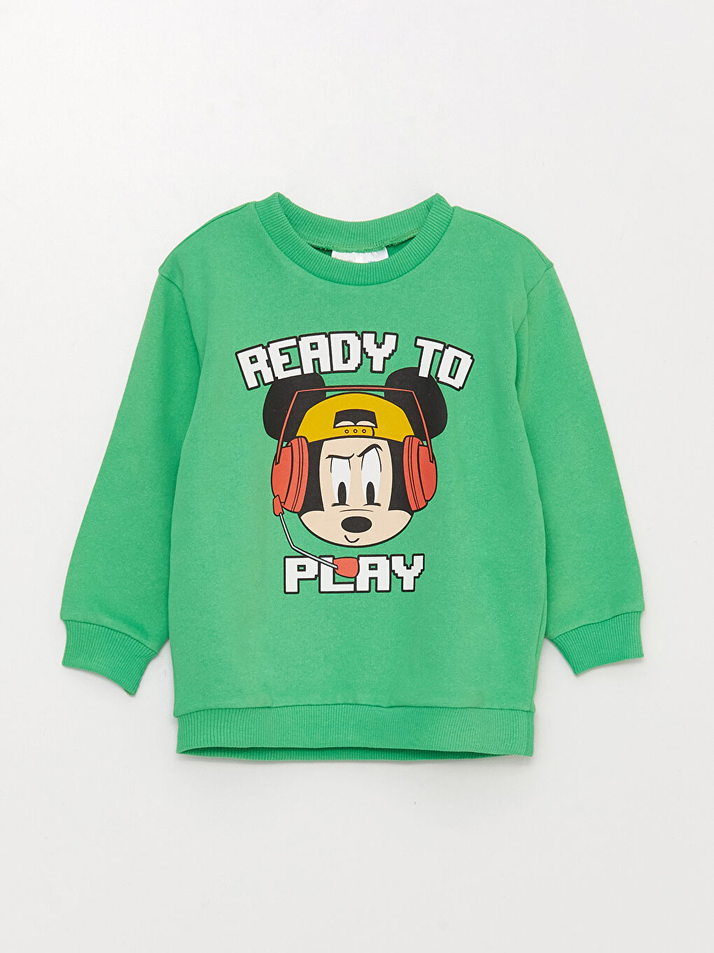 Yeşil Bisiklet Yaka Uzun Kollu Mickey Mouse Baskılı Erkek Bebek Sweatshirt-2