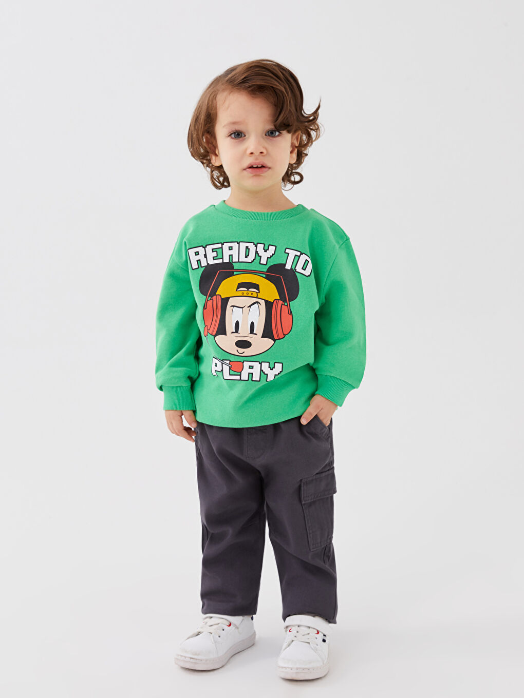 Yeşil Bisiklet Yaka Uzun Kollu Mickey Mouse Baskılı Erkek Bebek Sweatshirt-1
