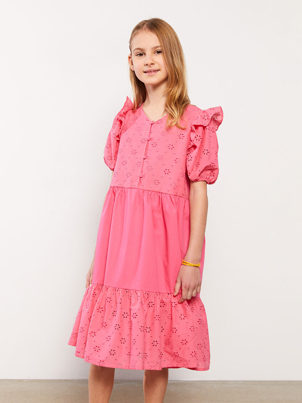 Rochie pentru Fete cu Decolteu în V, Detalii Festonate și Mânecă Scurtă-3