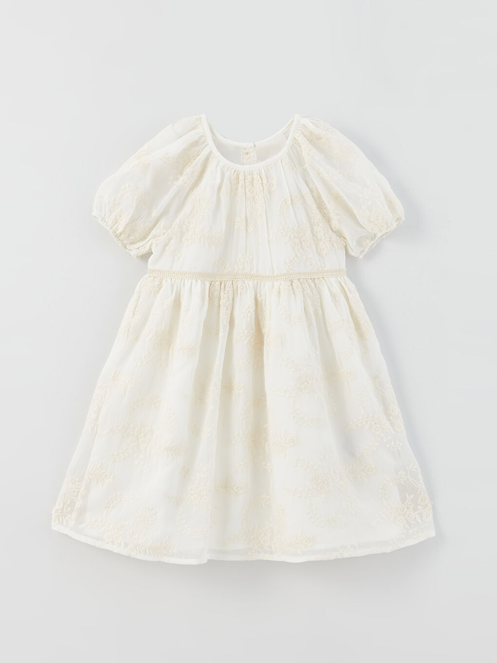 Robe Fille à Col Rond Brodée à Manches Courtes