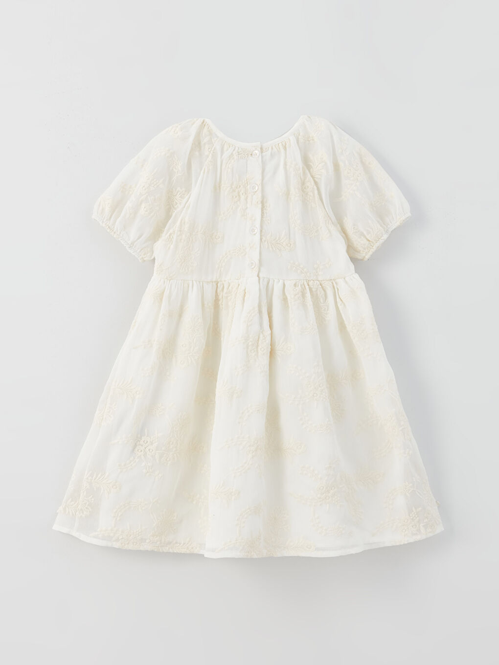 Robe Fille à Col Rond Brodée à Manches Courtes-1