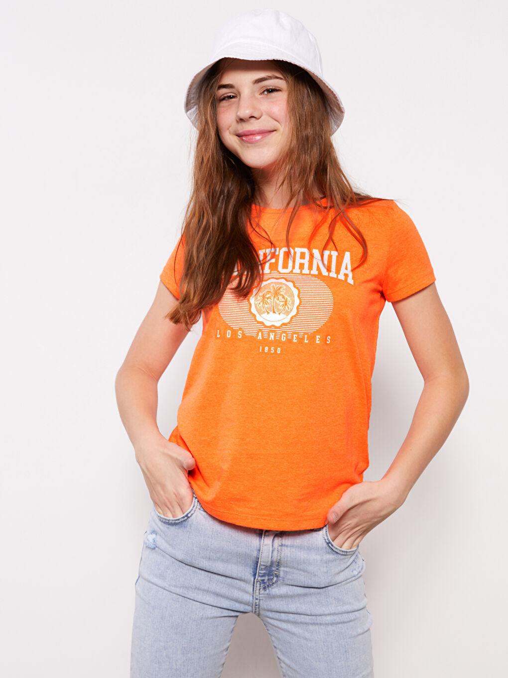 Turuncu Bisiklet Yaka Baskılı Kısa Kollu Kız Çocuk Tişört