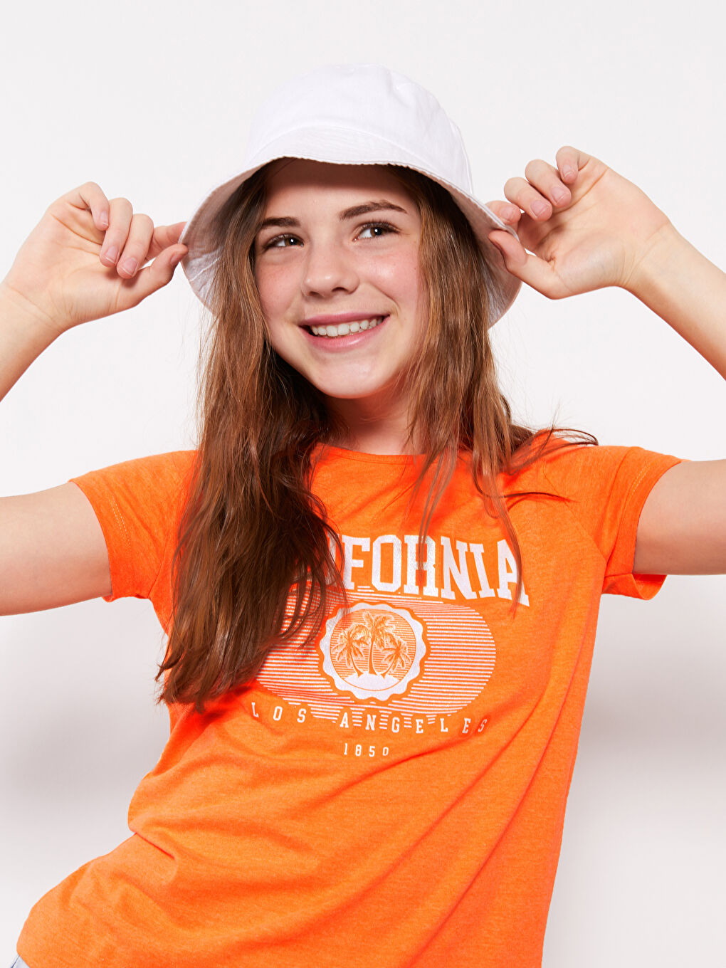 Turuncu Bisiklet Yaka Baskılı Kısa Kollu Kız Çocuk Tişört-1