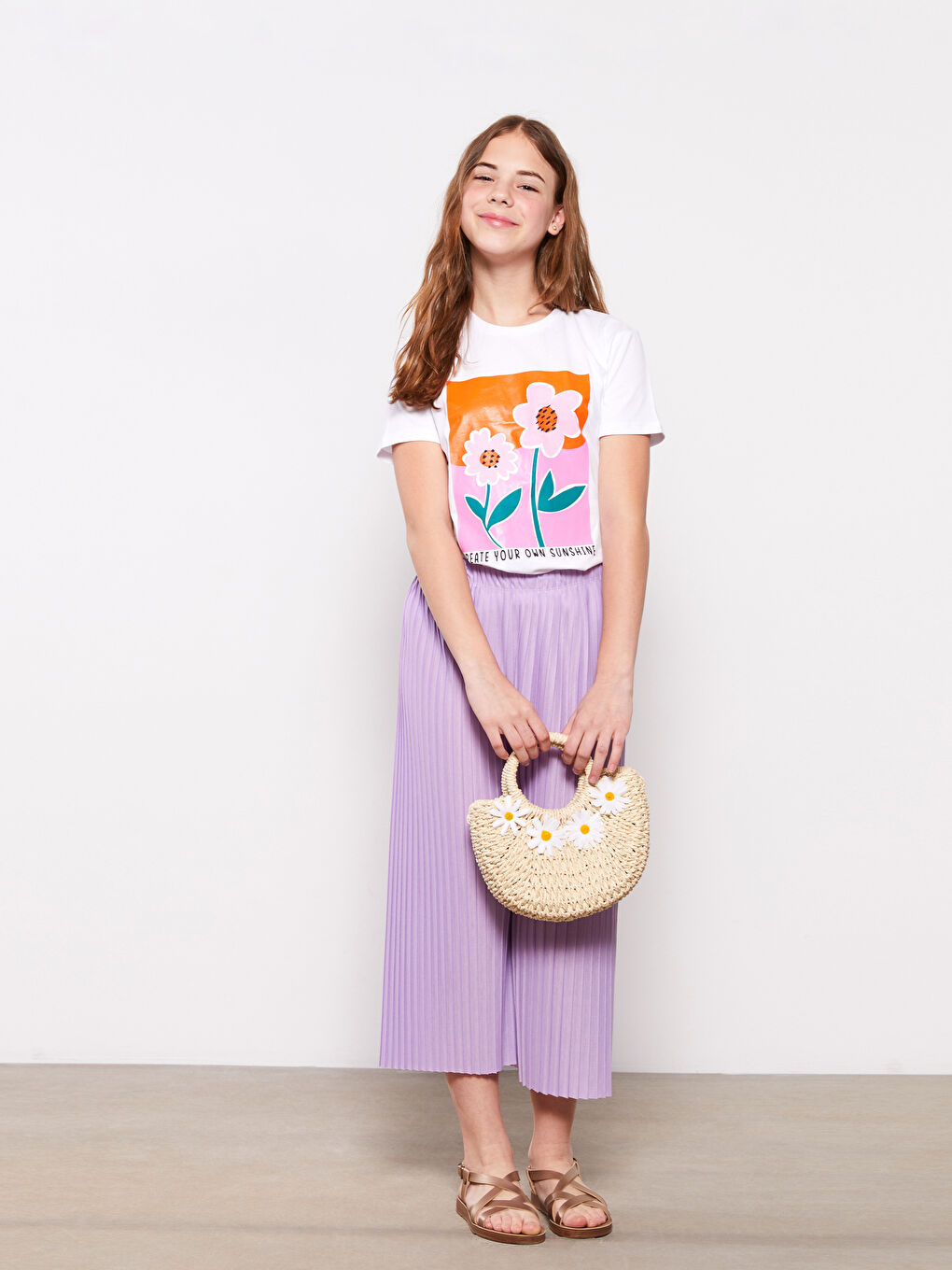 Lila Beli Lastikli Pileli Kız Çocuk Pantolon-1