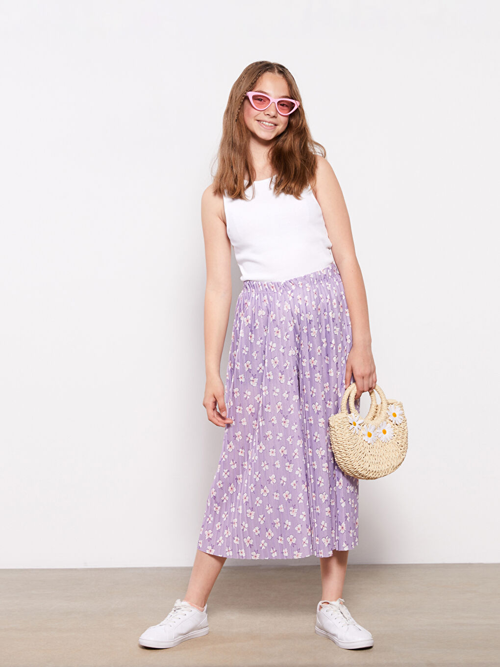 LCW Kids Elastic Waist Patterned Wide Leg Girl Trousers -S38226Z4-LSC