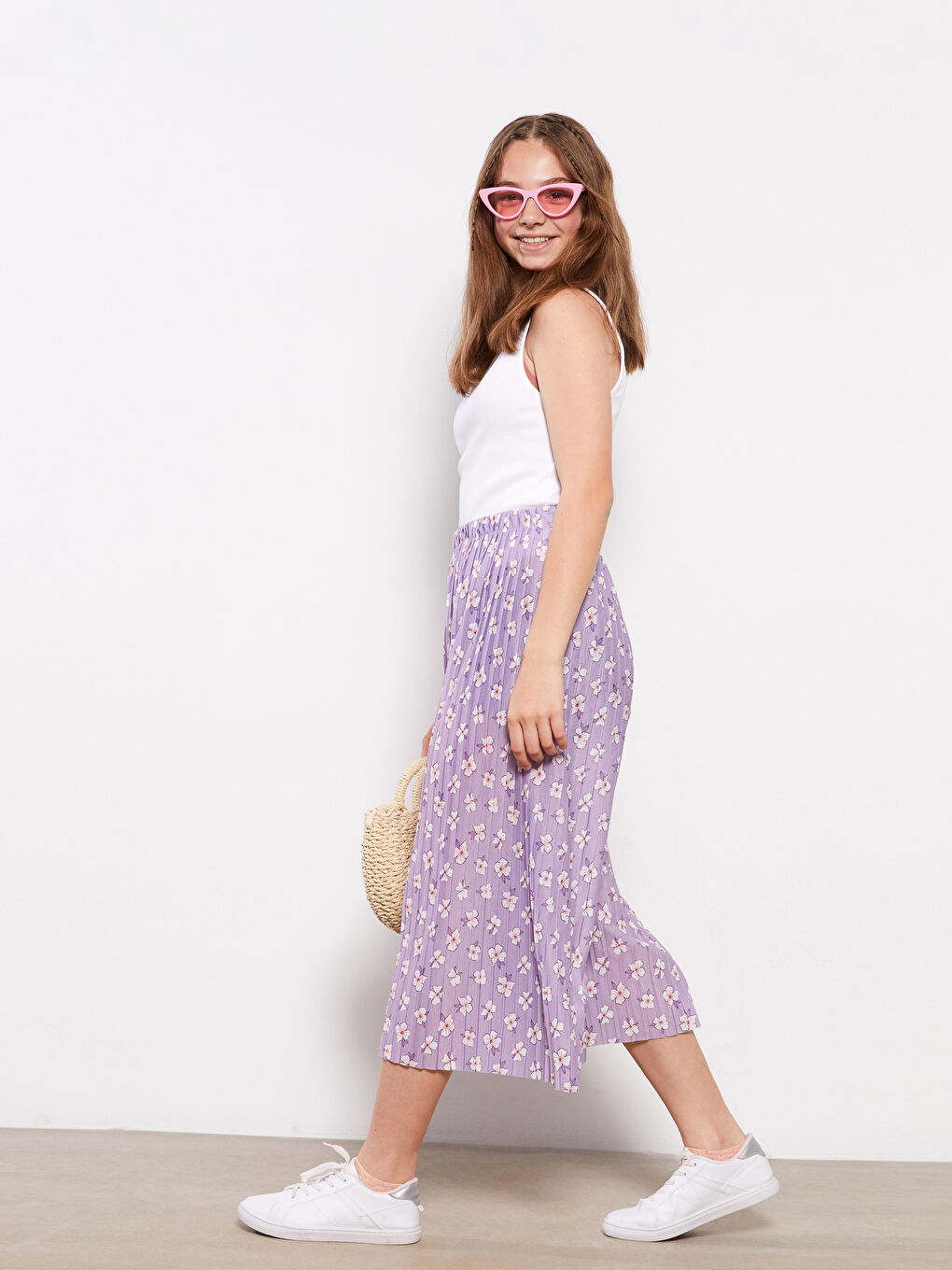LCW Kids Elastic Waist Patterned Wide Leg Girl Trousers -S38226Z4-LSC