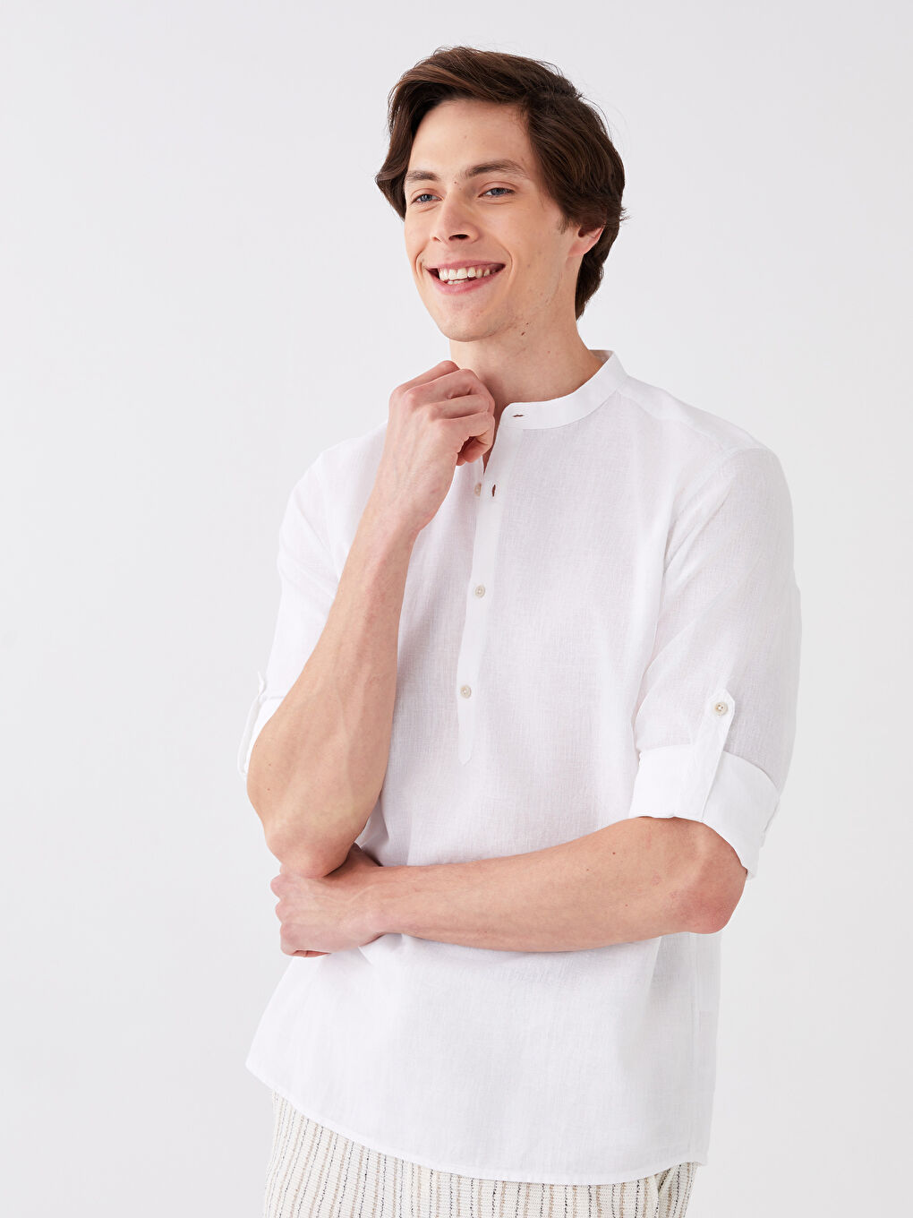 Beyaz Regular Fit Uzun Kollu Keten Karışımlı Erkek Gömlek