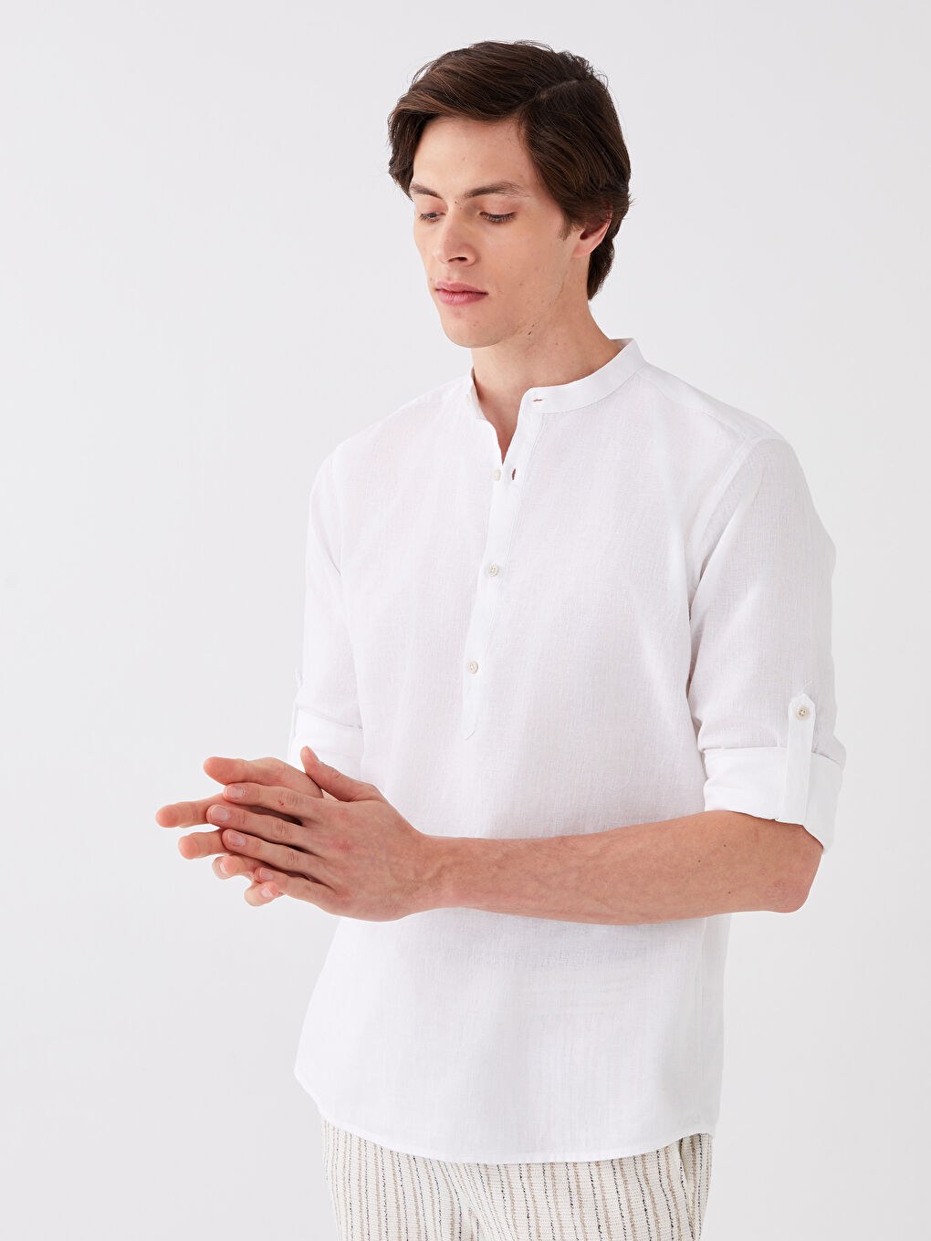 Beyaz Regular Fit Uzun Kollu Keten Karışımlı Erkek Gömlek-1