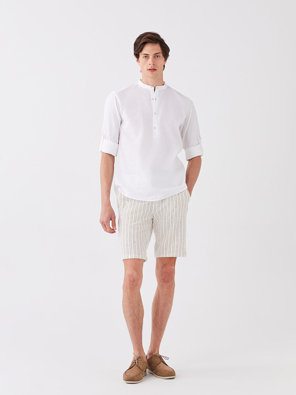 Beyaz Regular Fit Uzun Kollu Keten Karışımlı Erkek Gömlek-2