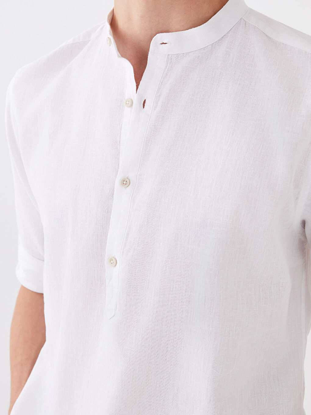 Beyaz Regular Fit Uzun Kollu Keten Karışımlı Erkek Gömlek-3