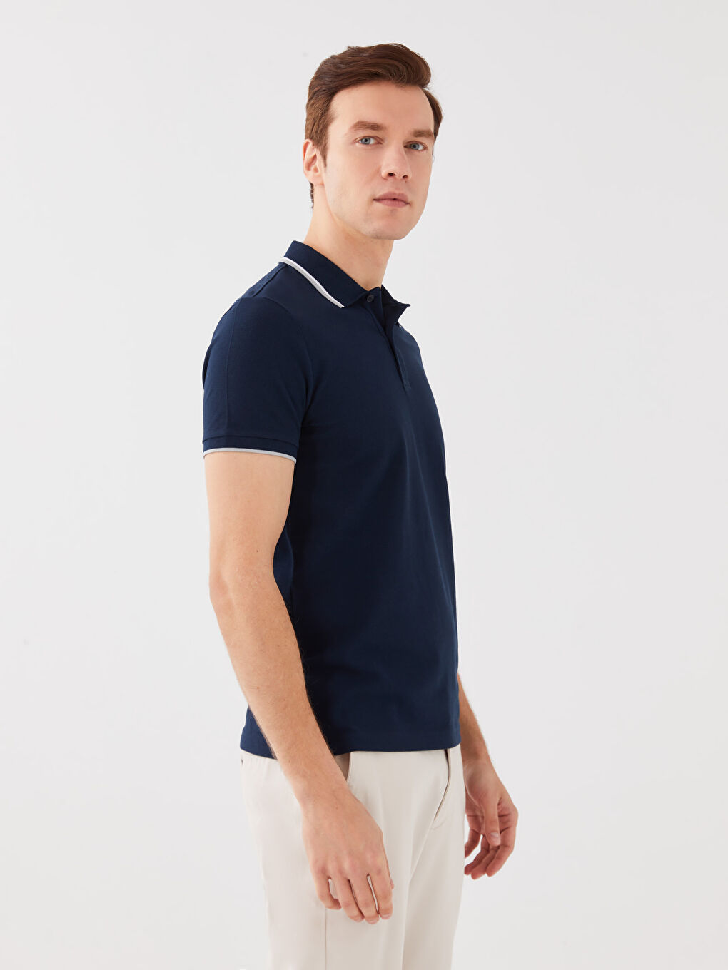 Lacivert Polo Yaka Kısa Kollu Pike Erkek Tişört-1