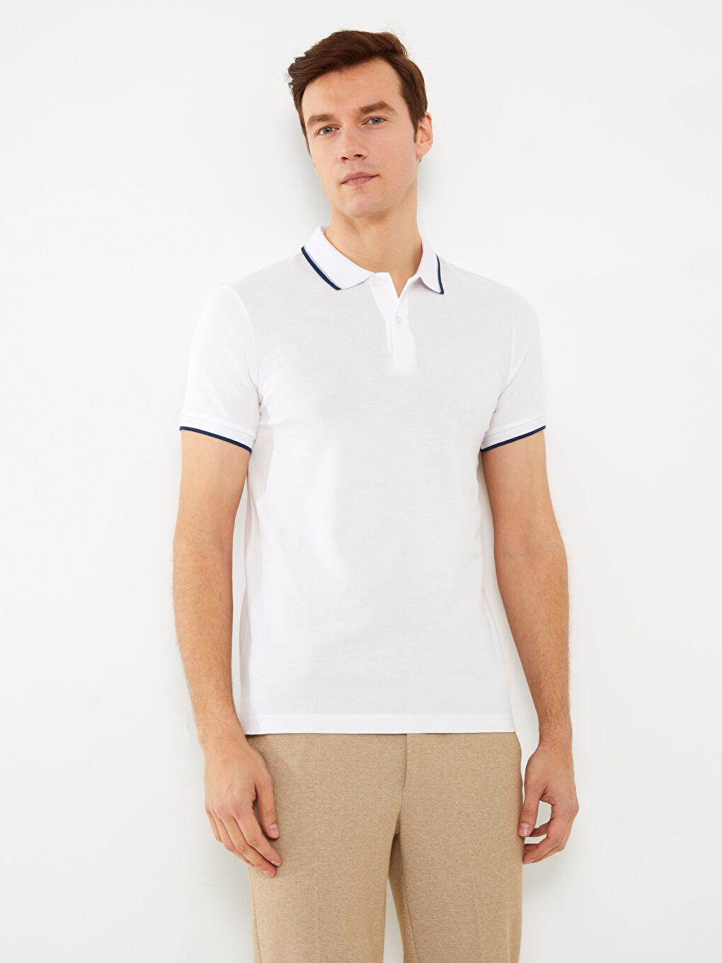 Beyaz Polo Yaka Kısa Kollu Pike Erkek Tişört-1