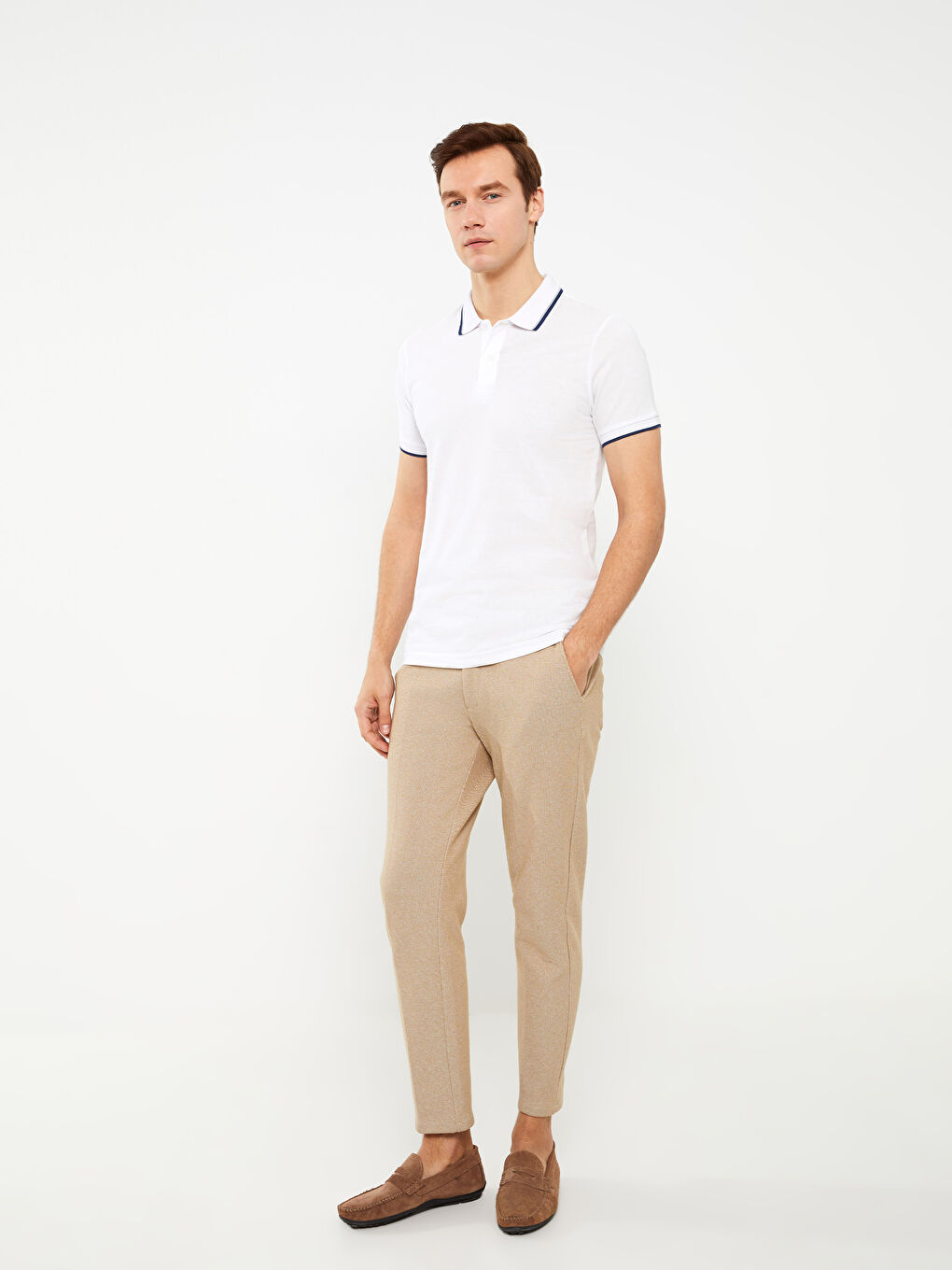 Beyaz Polo Yaka Kısa Kollu Pike Erkek Tişört-2