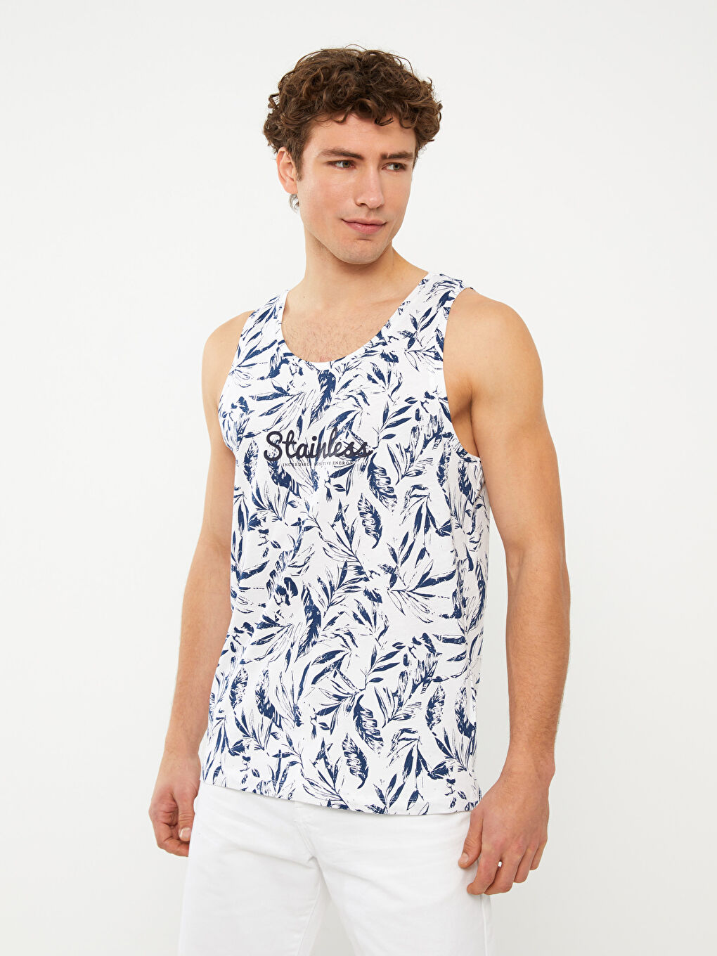 Beyaz Bisiklet Yaka Desenli Erkek Kolsuz Tişört