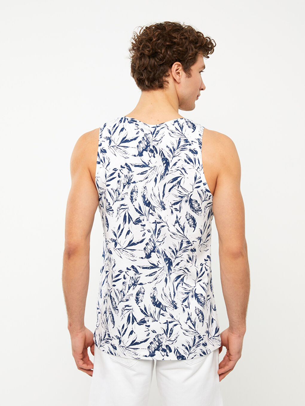 Beyaz Bisiklet Yaka Desenli Erkek Kolsuz Tişört-4