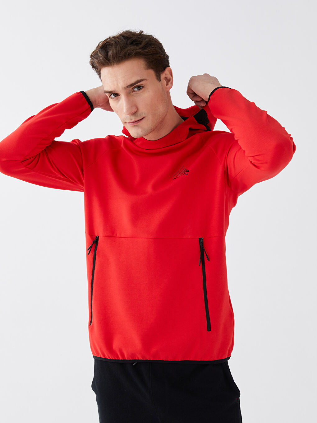 Kırmızı Uzun Kollu Baskılı Erkek Hoodie-1