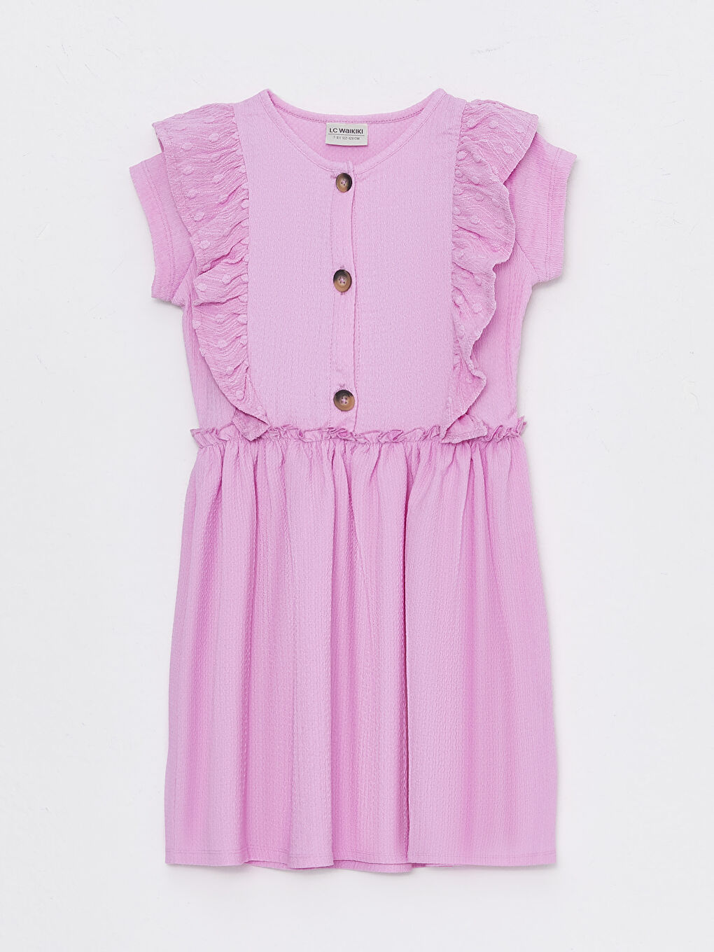 فستان بناتي بياقة دائرية بتفاصيل كشكشة وكم قصير