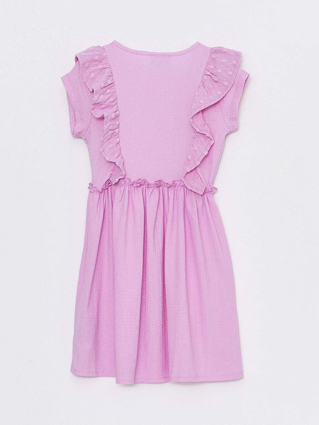 فستان بناتي بياقة دائرية بتفاصيل كشكشة وكم قصير-1