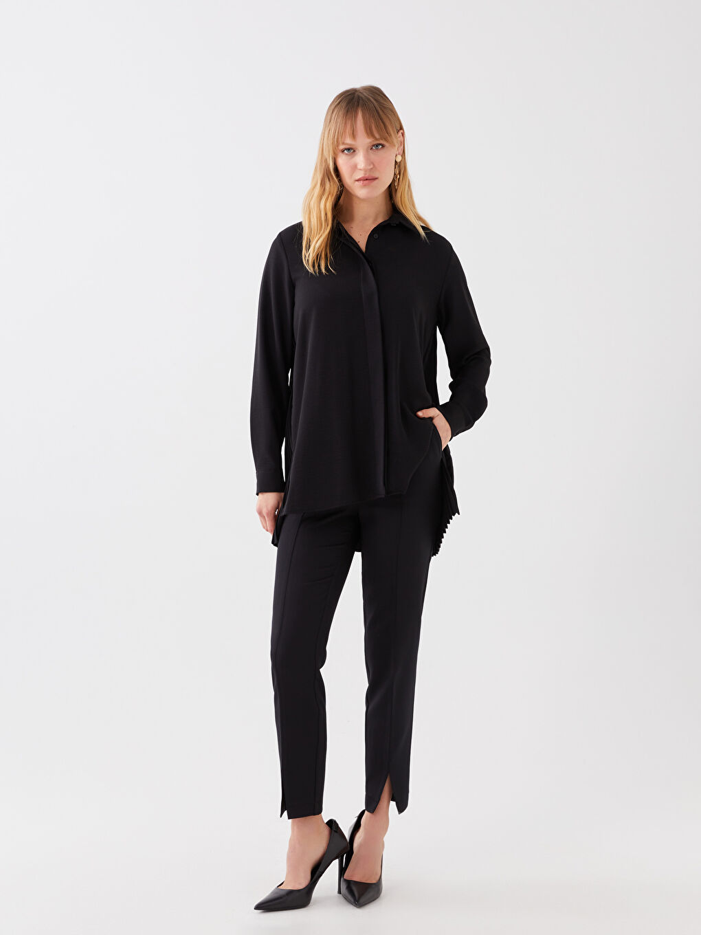 Siyah Uzun Kollu Pileli Kadın Gömlek-2