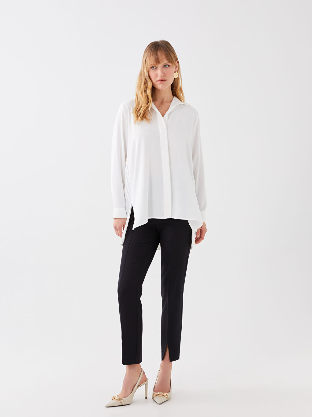 Ekru Uzun Kollu Pileli Kadın Gömlek-2