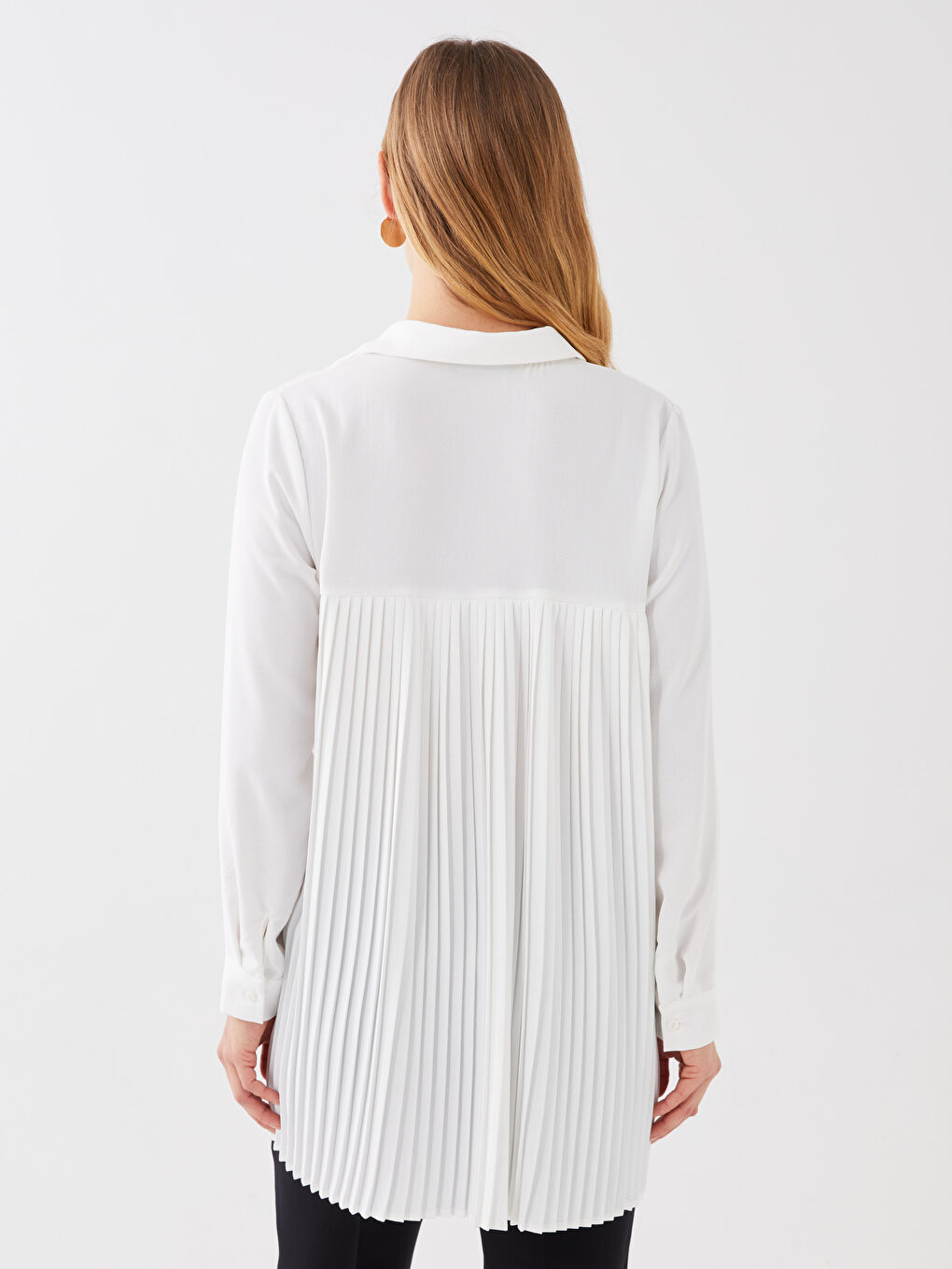 Ekru Uzun Kollu Pileli Kadın Gömlek-4
