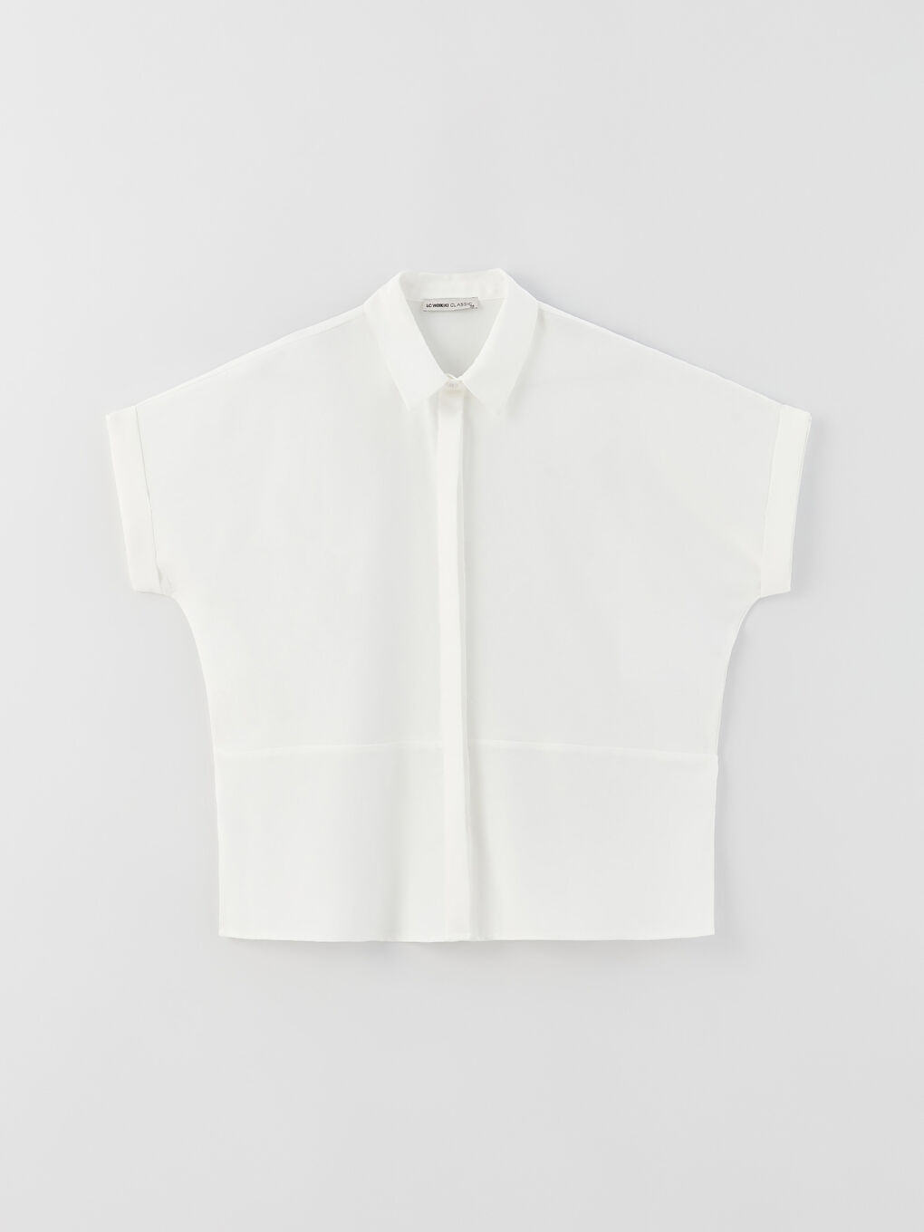 Ekru Gizli Düğme Kapamalı Düz Kısa Kollu Kadın Gömlek-5