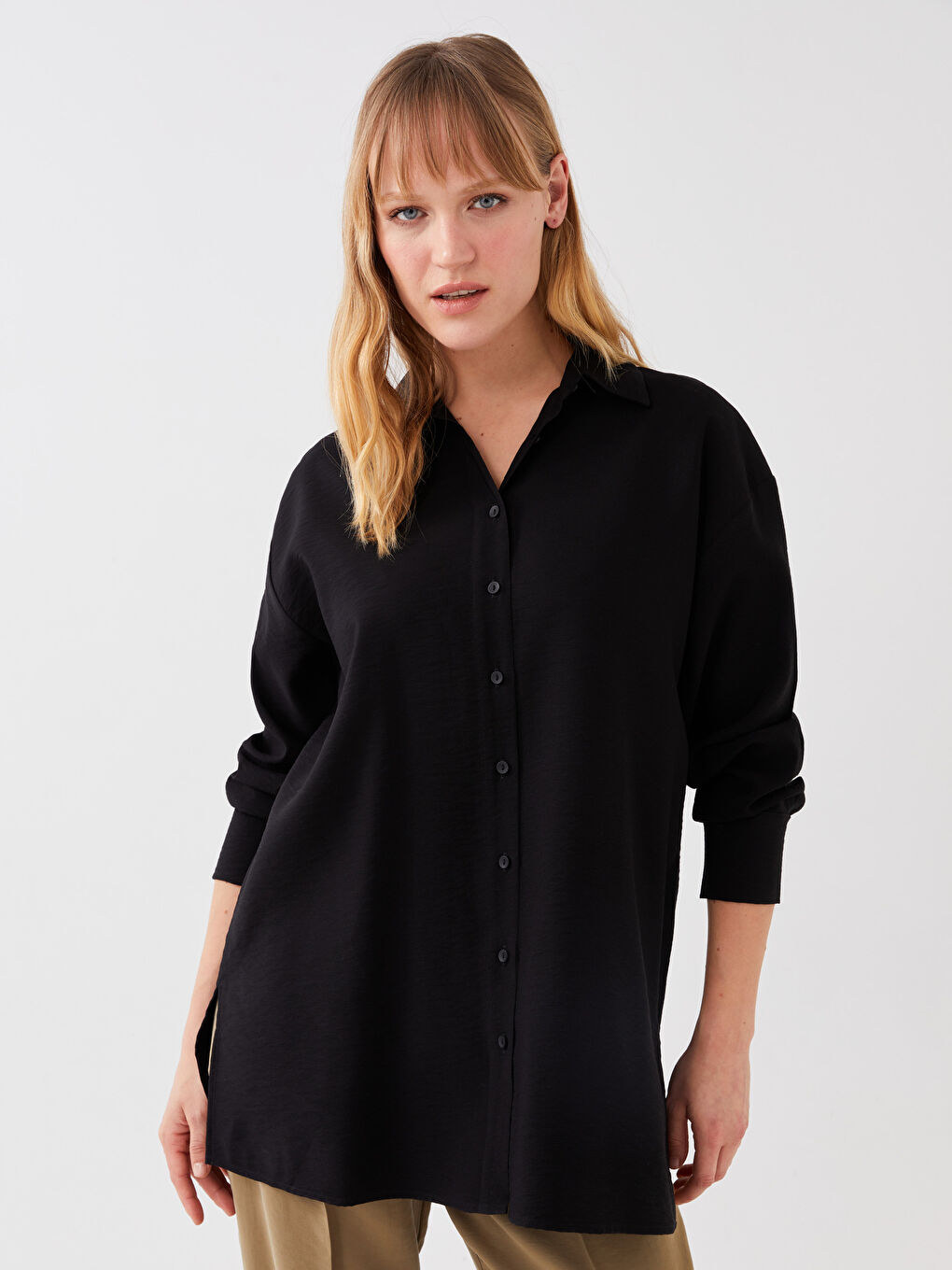 Siyah Düz Uzun Kollu Oversize Kadın Gömlek-1