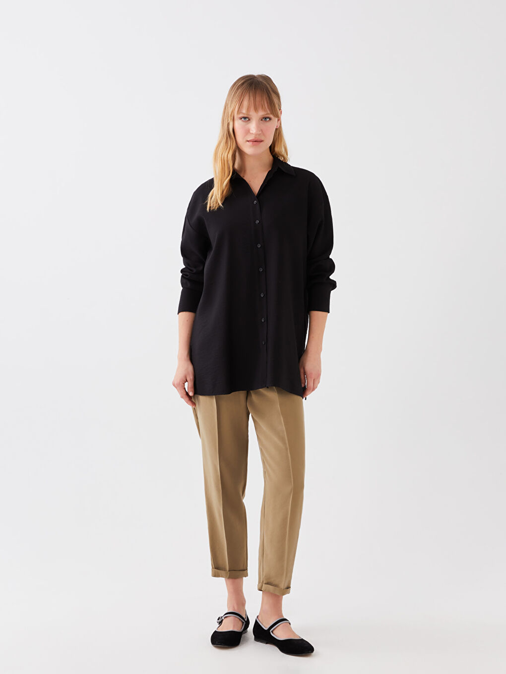 Siyah Düz Uzun Kollu Oversize Kadın Gömlek-2