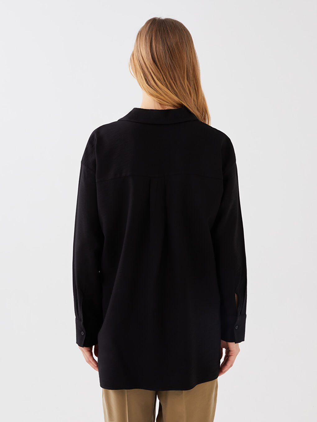 Siyah Düz Uzun Kollu Oversize Kadın Gömlek-3