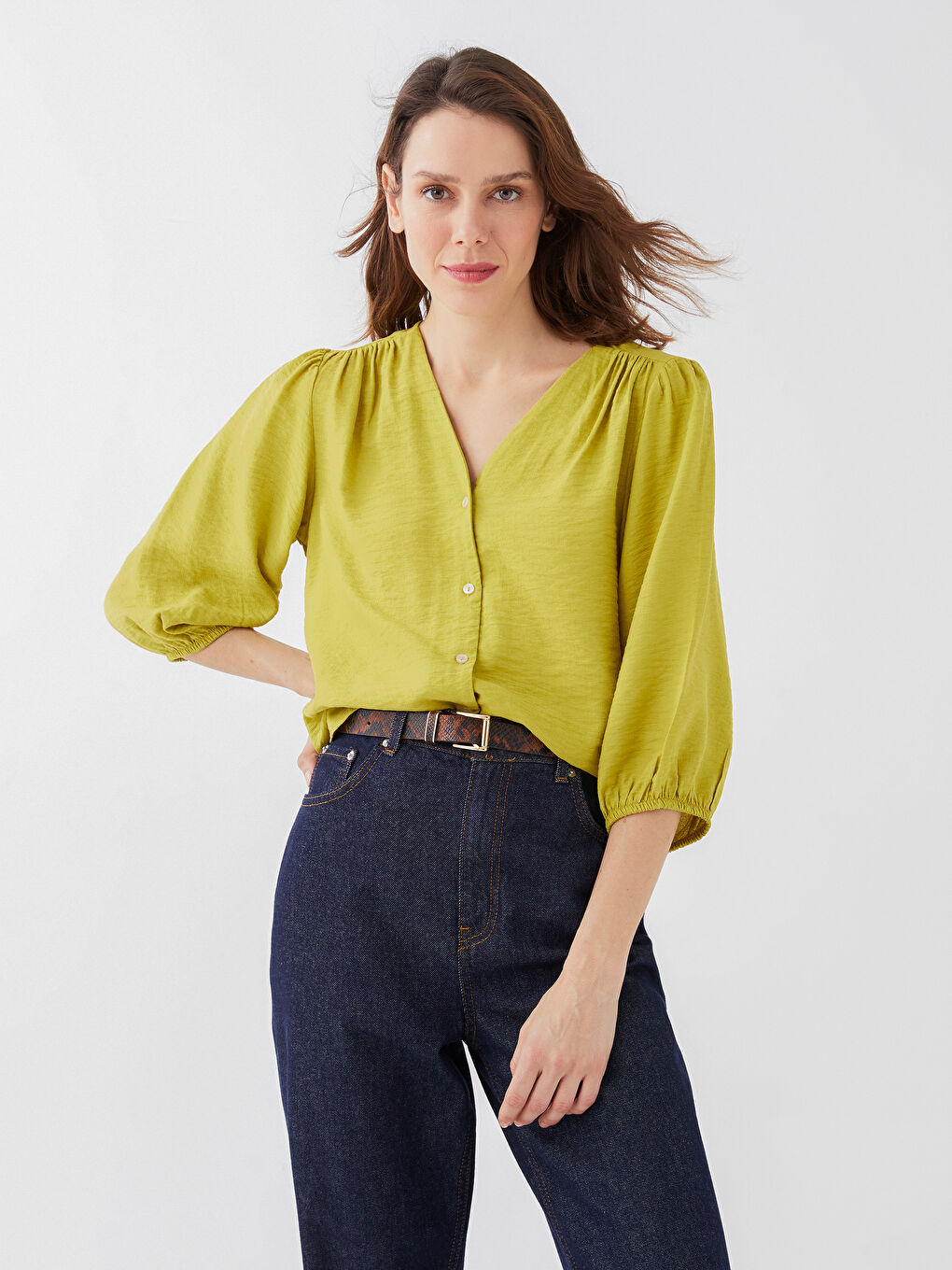 Yeşil Kadın V Yaka Düz Müslin Bluz
