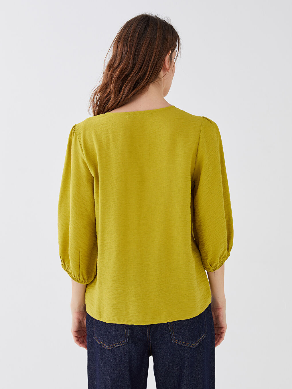 Yeşil Kadın V Yaka Düz Müslin Bluz-4