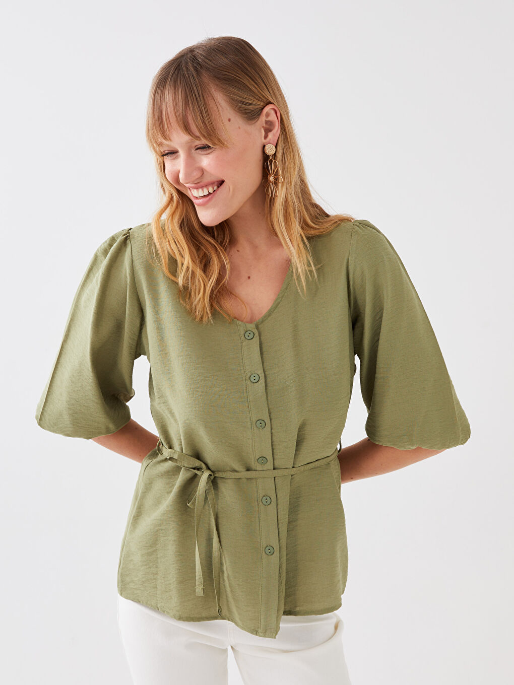 Women's V-Neck Straight Waist Tie Detailed Blouse