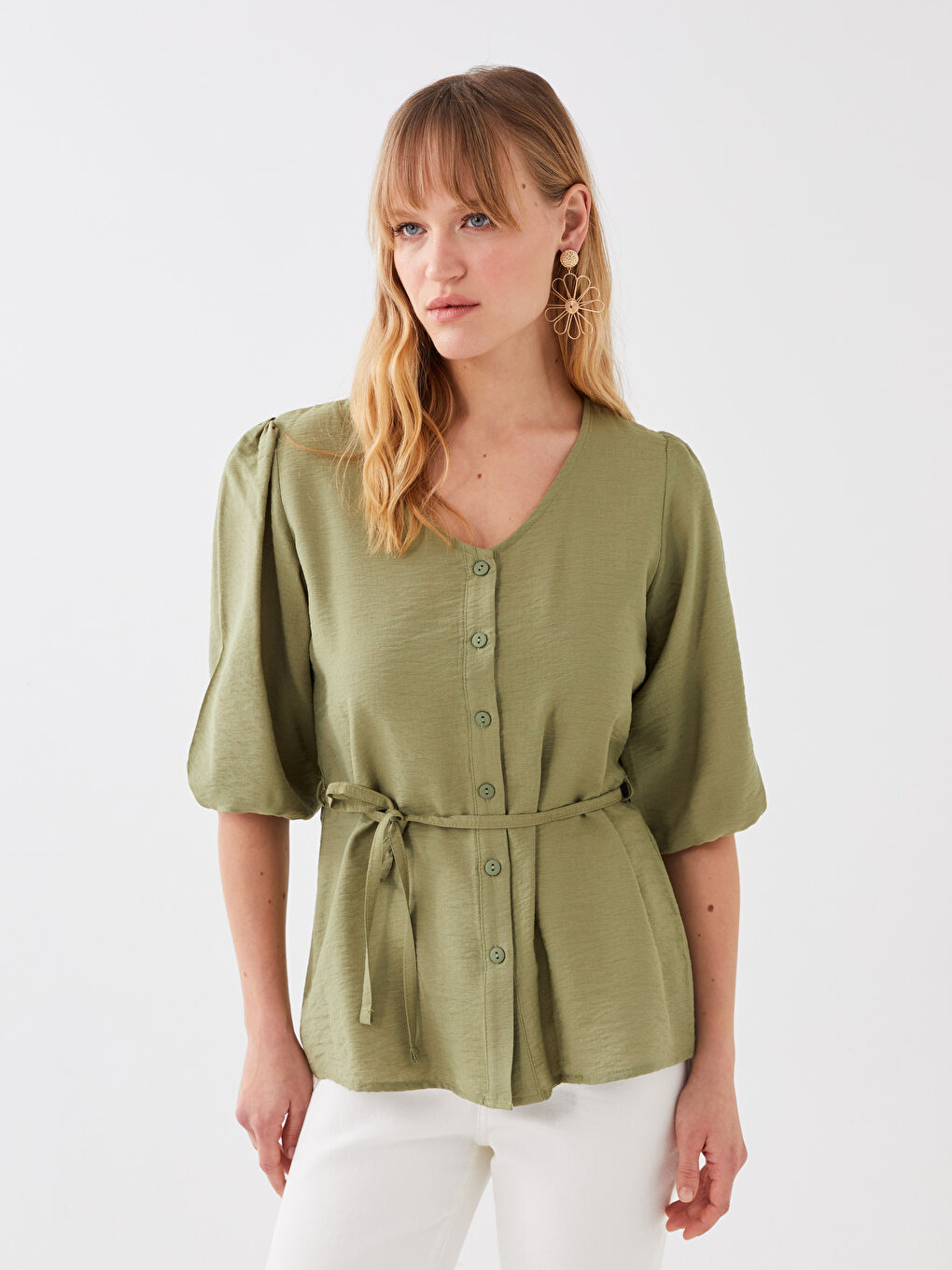 Women's V-Neck Straight Waist Tie Detailed Blouse-1