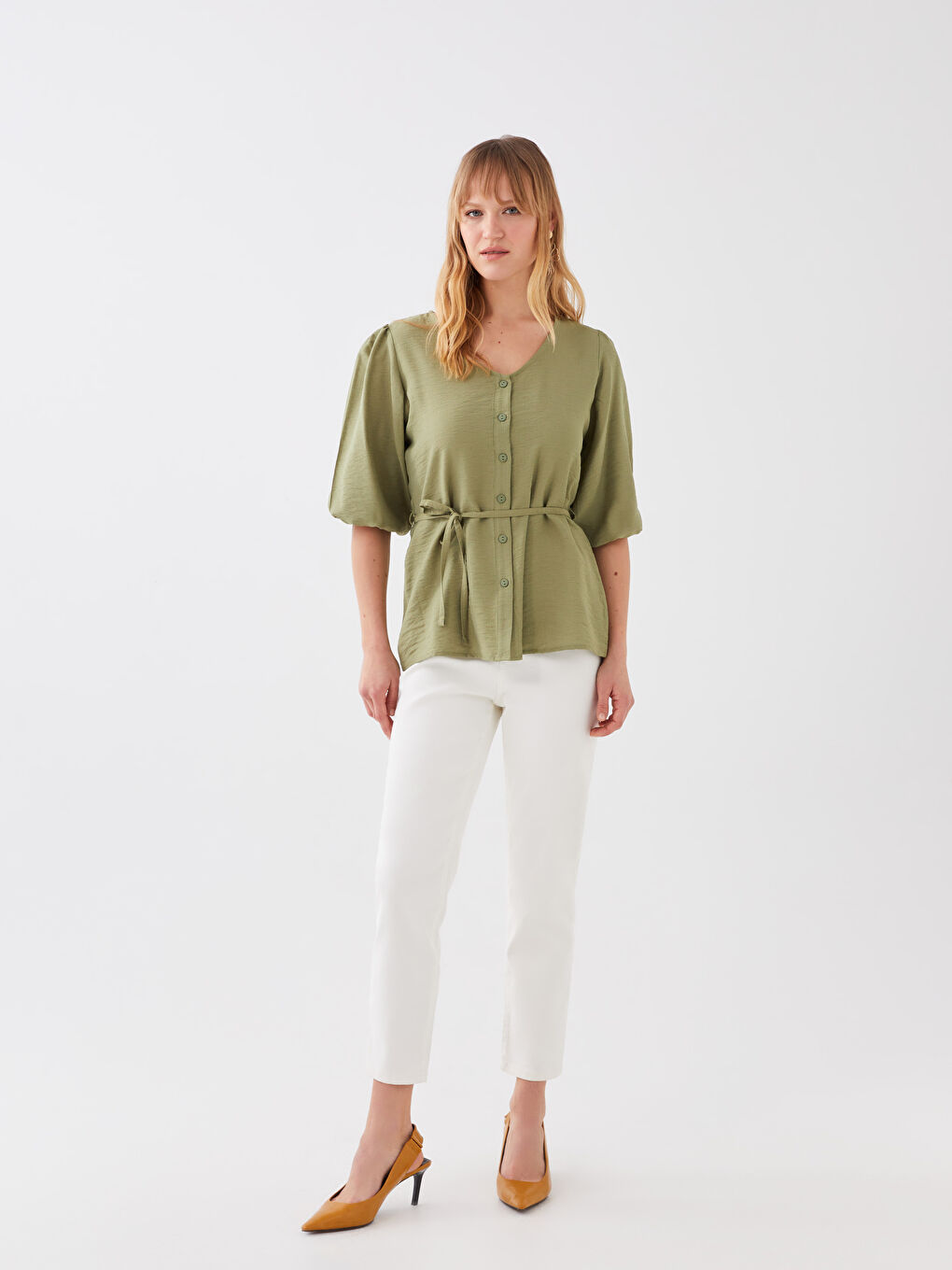 Women's V-Neck Straight Waist Tie Detailed Blouse-2