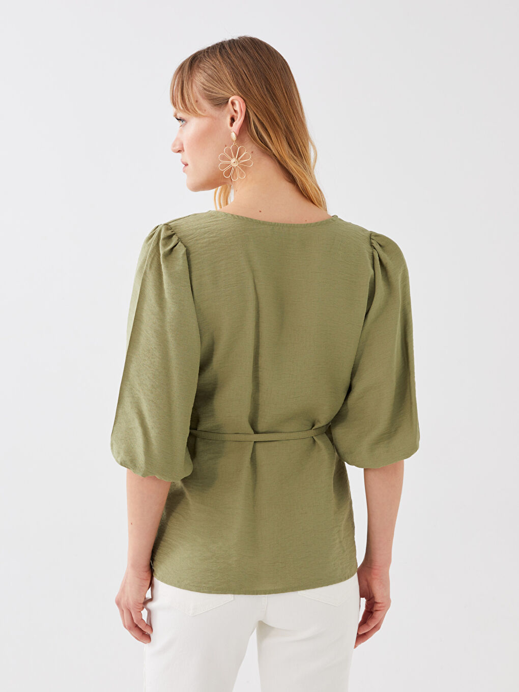 Women's V-Neck Straight Waist Tie Detailed Blouse-4