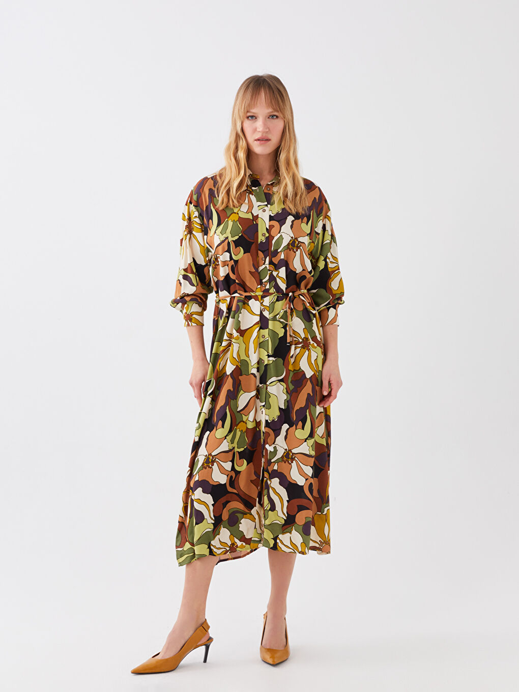 Women's Patterned Long Sleeve Shirt Dress -S38403Z8-F9C
