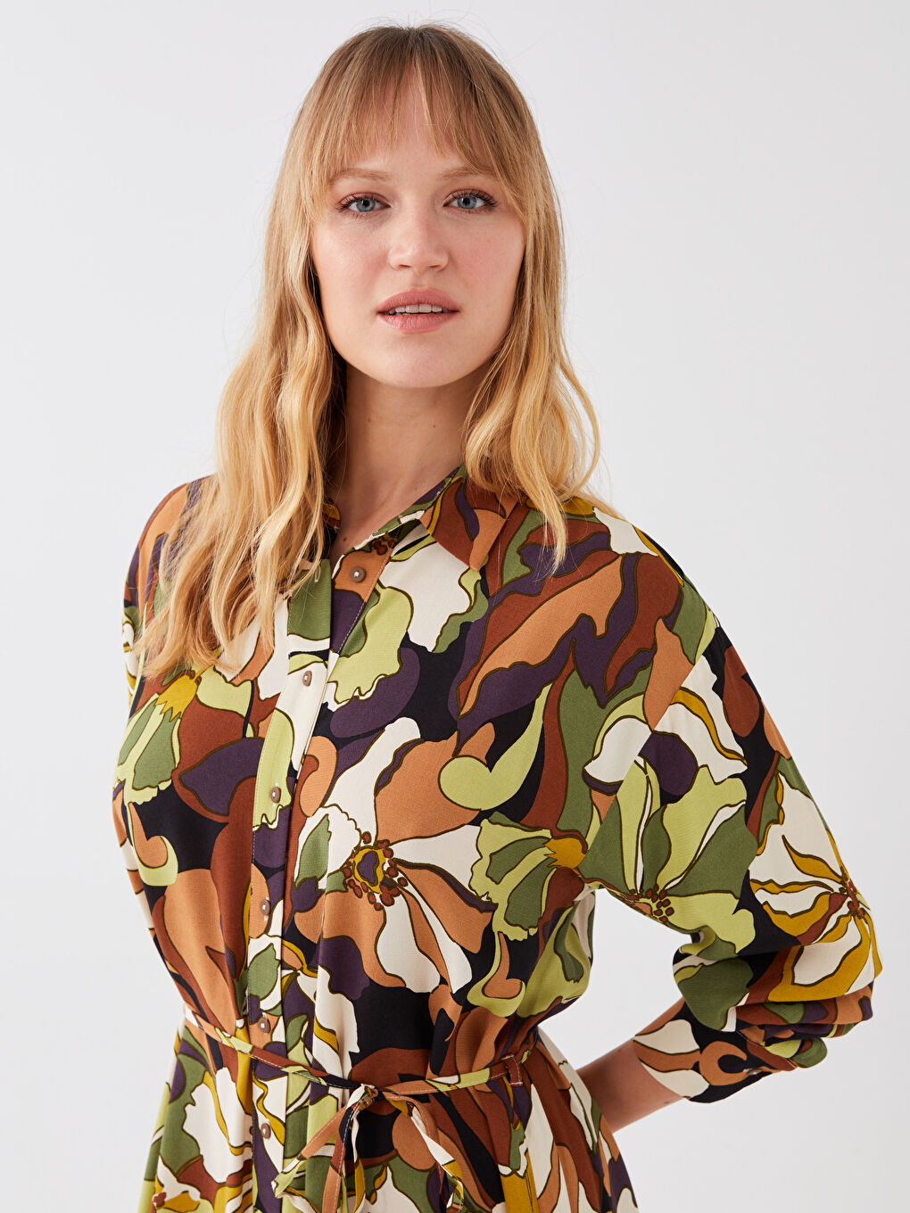 Women's Patterned Long Sleeve Shirt Dress -S38403Z8-F9C