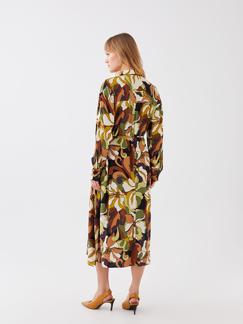 Women's Patterned Long Sleeve Shirt Dress -S38403Z8-F9C