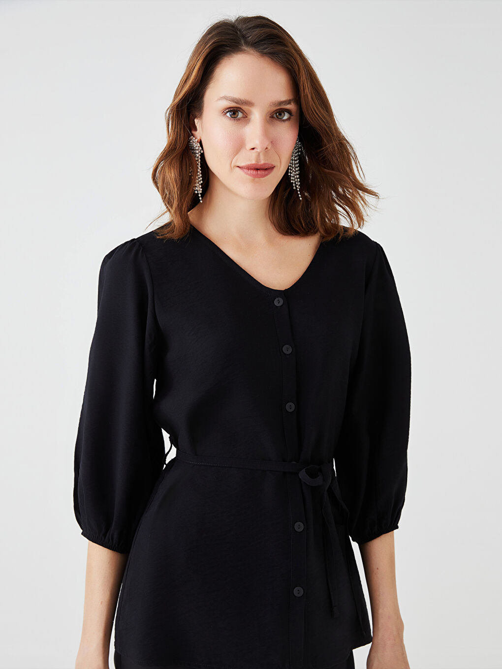 Women's V Neck Plain Blouse-1