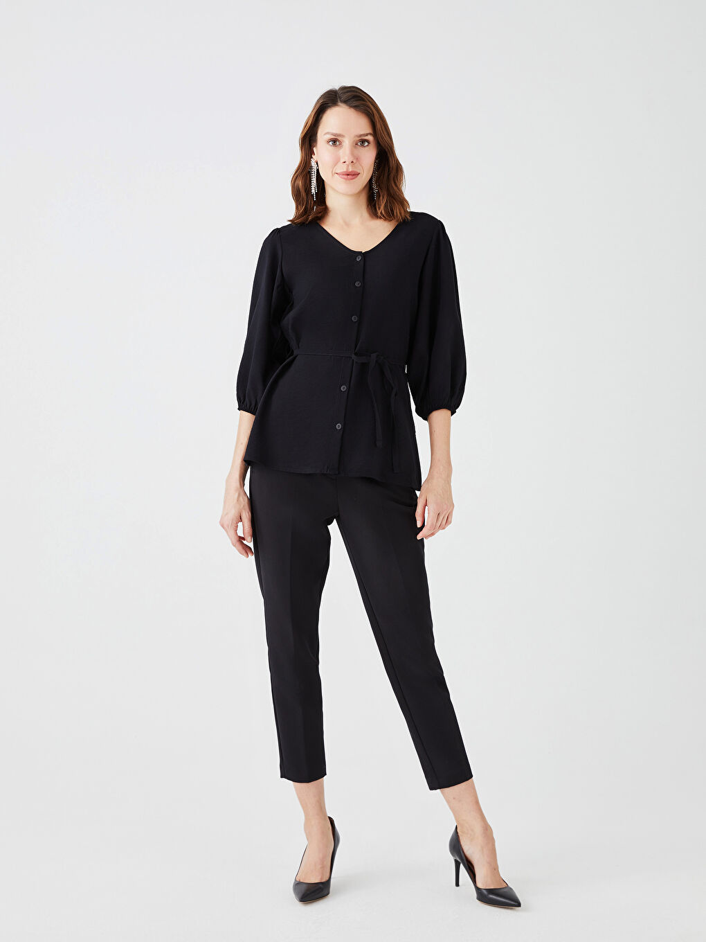 Women's V Neck Plain Blouse-2