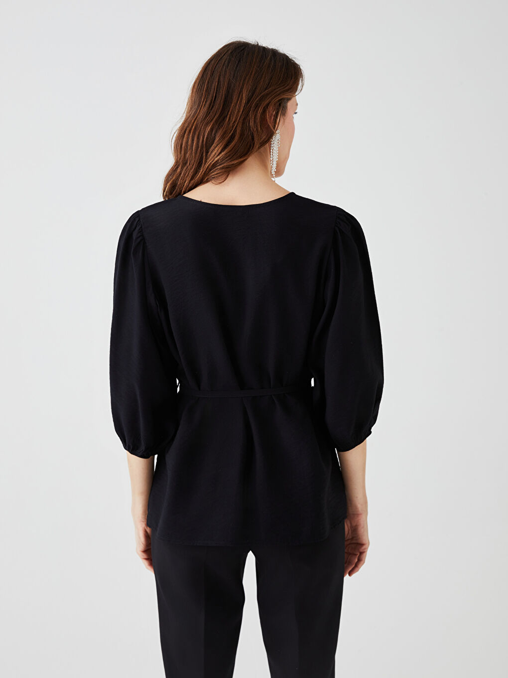 Women's V Neck Plain Blouse-4