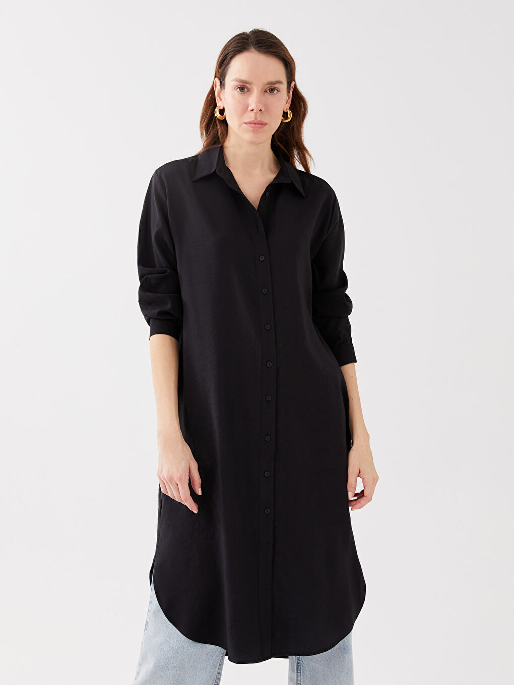 Siyah Düz Uzun Kollu Oversize Kadın Gömlek Tunik