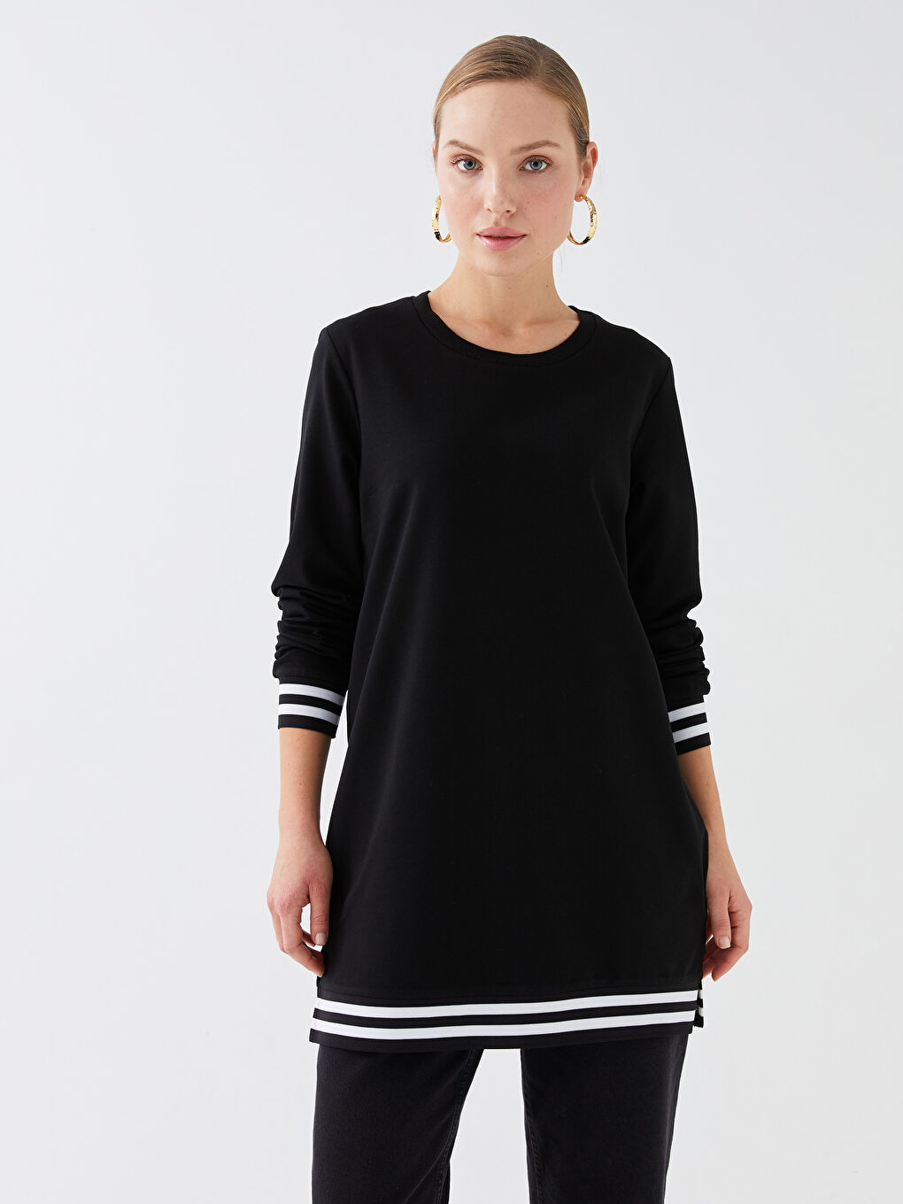 Crew Neck Plain Long Sleeve Women's Sweatshirt Tunic -S38426Z8-CVL