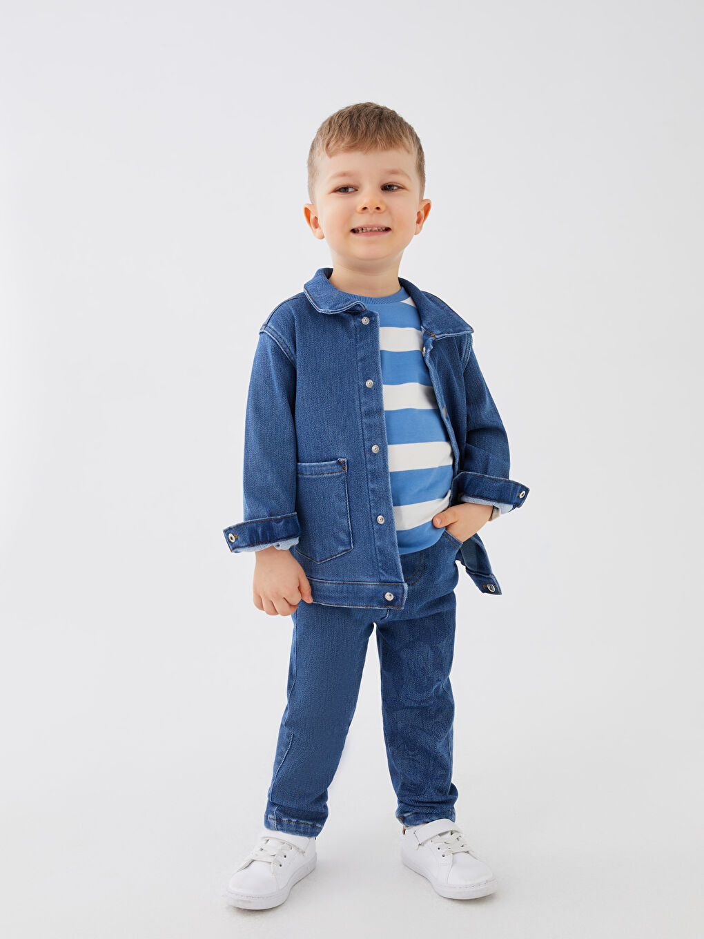 İndigo Beli Lastikli Mickey Mouse Baskılı Erkek Bebek Jean Pantolon-1