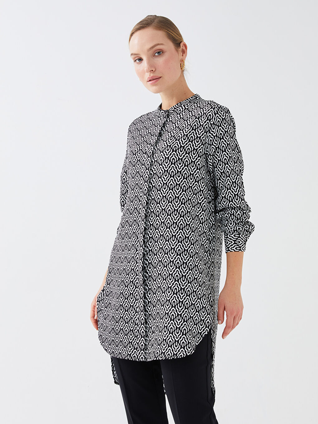Grandad Collar Patterned Long Sleeve Women's Tunic