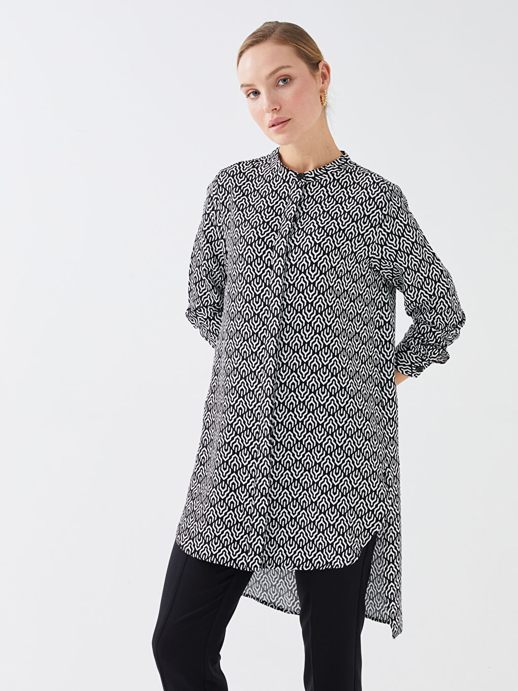Grandad Collar Patterned Long Sleeve Women's Tunic-1